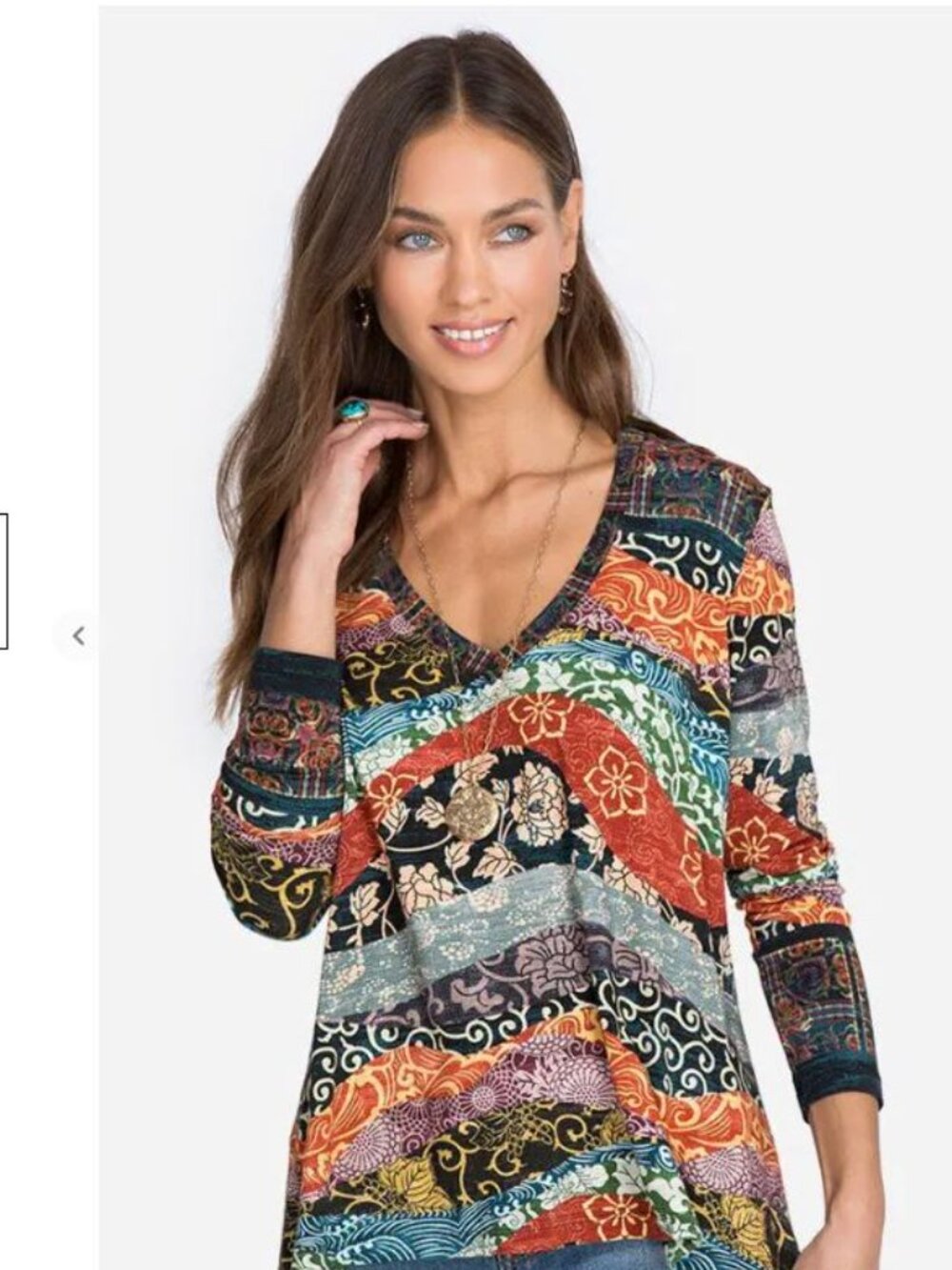 Johnny Was Yokohama Favorite Top 3/4 Sleeve V Neck Swing Bamboo Boho Floral Art
